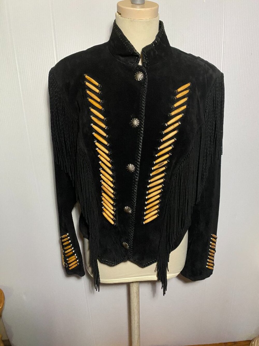 Black Suede Fringe Jacket with Gold Bead Accents - Women